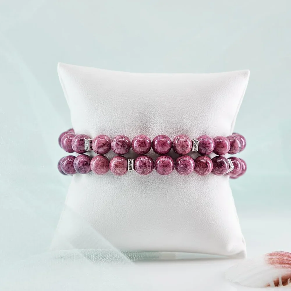 Feminine Gemstone Bracelet Set, Genuine Pink Jasper Stretch Bracelets, Unique